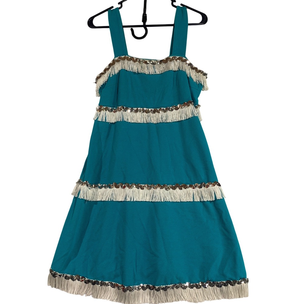 White Stag Fringe Sequin Dress Sleeveless Tiered Cotton Teal‎ Blue Medium